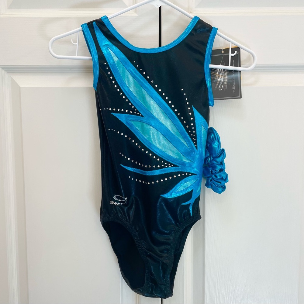 BNWT! Black with Ocean Blue Mystique Dreamlight/ GK Leotard 12-14 with Scrunchie